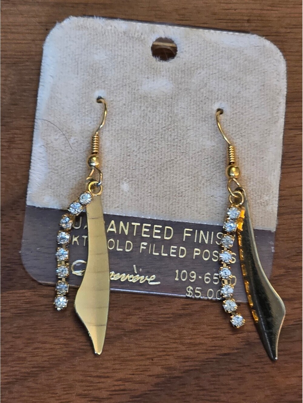 Vintage NOS Genevieve Rhinestone Gold Tone Dangle Earrings 14K Gold Fill Wire